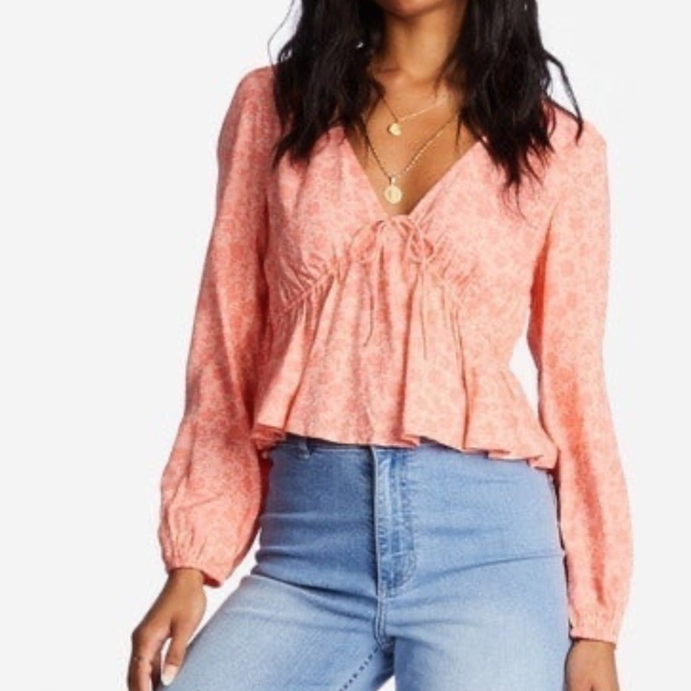 Billabong Time Goes By Long Sleeve Crop Top Pink Peach
